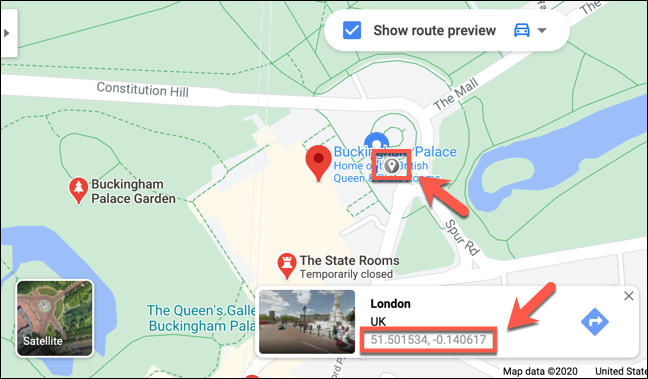The coordinates of Buckingham Palace, London, displayed on the Google Maps website