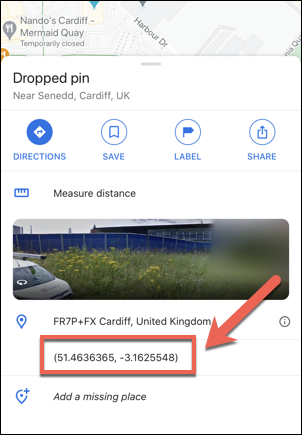 The coordinates of the Welsh Parliament, United Kingdom, as displayed in the Google Maps app on iPhone.