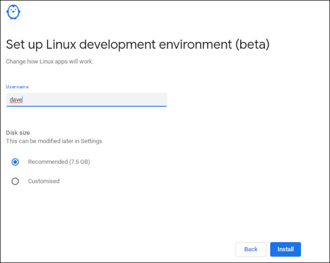 Установите имя пользователя при установке ChromeOS Linux