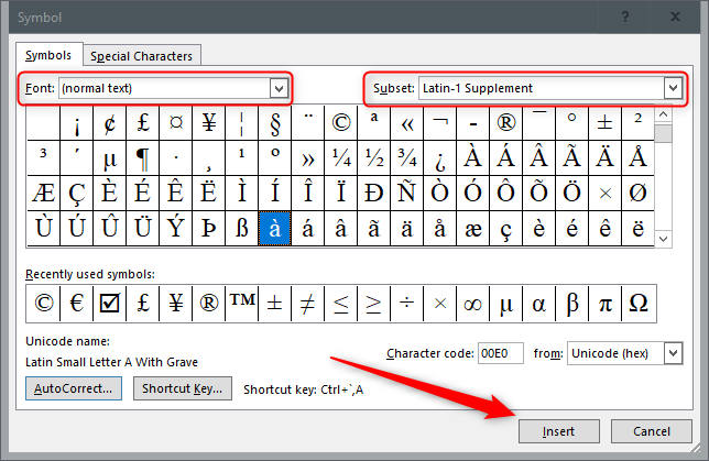 Insert symbols using the Insert function