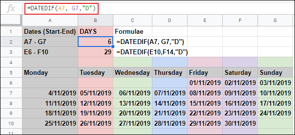 Функция DATEDIF в Google Sheets вычисляет количество дней между двумя датами, используя две отдельные ссылки на ячейки.
