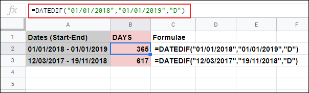 Функция DATEDIF в Google Sheets вычисляет количество дней между двумя установленными датами, используемыми в формуле.