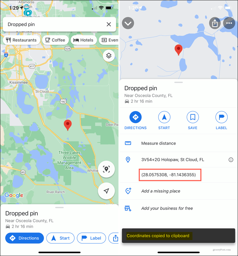 Pin dropped from iPhone on Google Maps