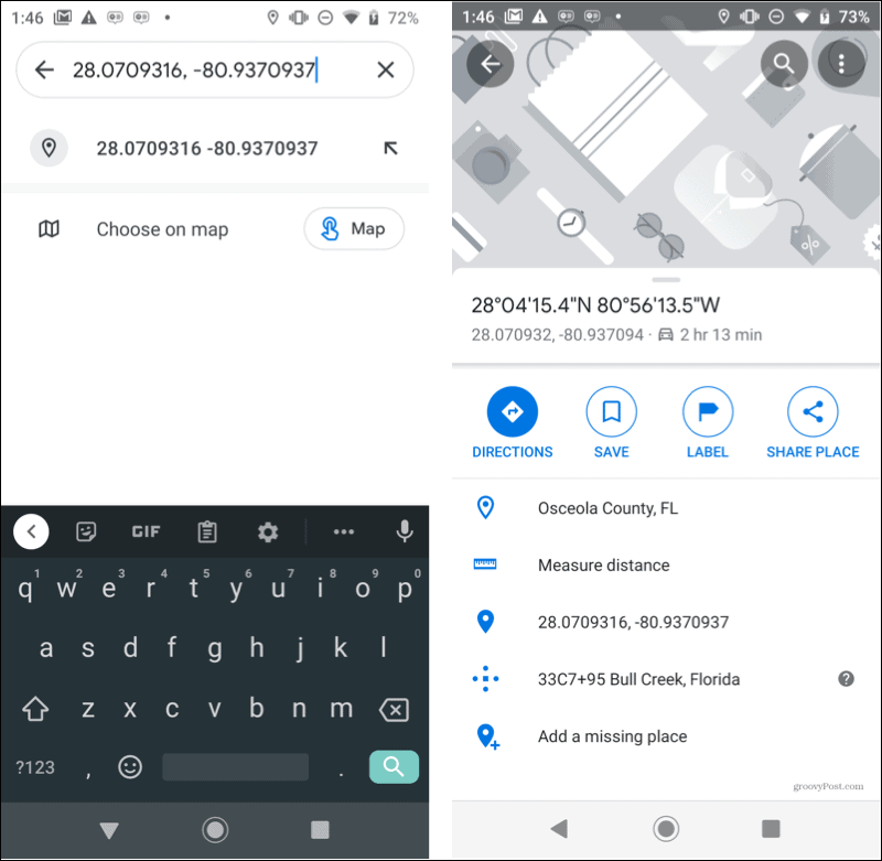Android search coordinates