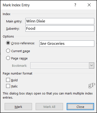 Mark index entry window
