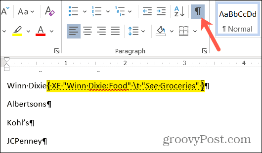 Show paragraph button for index entry