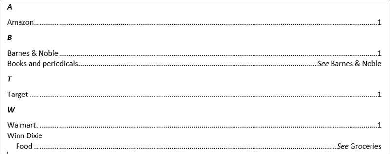 Finished index in Word