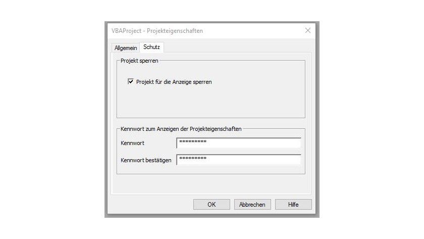You protect VBA code in the VBA editor using the command sequence Properties of VBA project/Protection/Lock project for display and a secret string. You protect VBA code in the VBA editor using the command sequence Properties of VBA project/Protection/Lock project for display and a secret string.