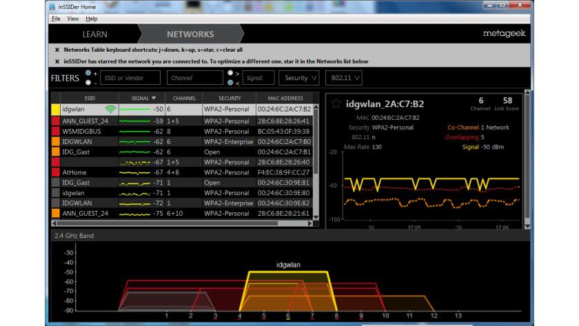 inSSIDer 2: The scanner clearly shows active access points and their signal strength over time, including the channels used. inSSIDer 2: The scanner clearly shows active access points and their signal strength over time, including the channels used.